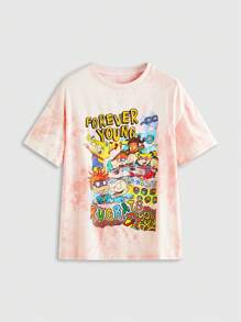 Nick 90's X ROMWE T-shirt ampia da donna con collo a giro, in stile tie-dye, con divertente motivo a cartoni animati