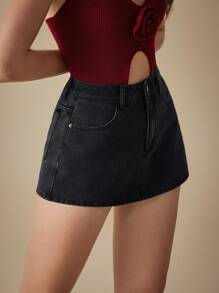 SHEIN Privé Women's High Waist Washed Denim Shorts, Summer Casual - Black - View 3