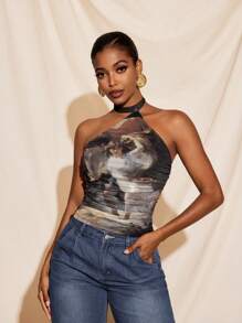 Mathilde Lhomme Top sexy transparent cu imprimeu grafic din plasă, cu guler halter și nod, cu guler rotund, tip bandeau