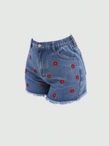 Teens Girls Blue Denim Shorts,Cute Summer Floral Embroidery Mid-Waist Loose Straight Leg Streetwear,Back-To-School Sweet 16 Y2K Vintage Ripped Jeans - Medium Wash - View 7