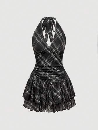 J-Fashion Vintage Sweet Plaid Print Skater Dress For Women
