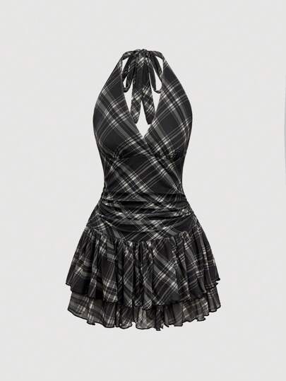 J-Fashion Vintage Sweet Plaid Print Skater Dress For Women