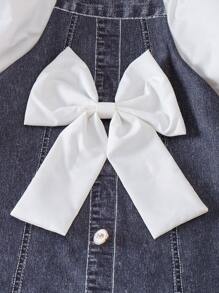 SHEIN Genkimix Kids Girls Elegant Bowknot Decor Minidress, White & Blue Summer Casual Vacation Beach Sundress