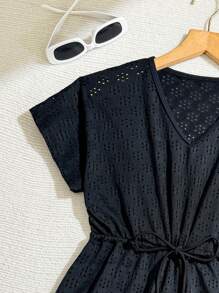 SHEIN Tween Girl V-Neck Batwing Short Sleeve Romper Swimsuit Cover Up Bathing Suit Cover Up Beach Cover Up Beach Clothes Tassel Cover Up - Black - View 4