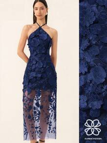 Aveloria Rosie 全新优雅法式时尚简约花卉 3D 面料露背修身连衣裙，精致优雅，适合婚礼和约会 - 藏蓝色 - 查看 1