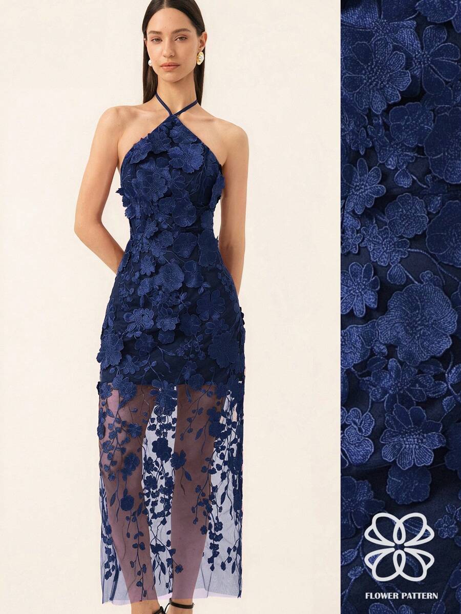 Aveloria Rosie 全新优雅法式时尚简约花卉 3D 面料露背修身连衣裙，精致优雅，适合婚礼和约会 - 藏蓝色 - 查看 1