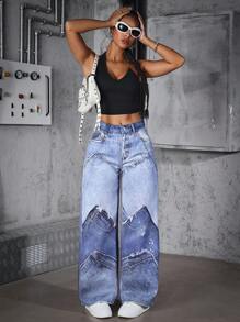SHEIN ICON 女式宽松口袋设计阔腿休闲牛仔裤，百搭 - 藍色 - 查看 7