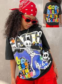 Coolane Tween Girls Spring/Summer Streetwear Y2K Graphic Print Loose T-Shirt, Summer Casual Vintage Sports Tee - Black - View 7