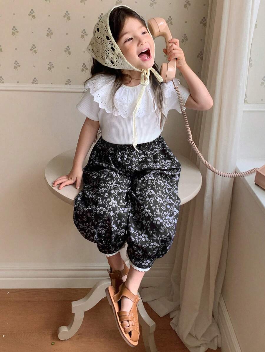 DAZY Bộ 2 món/Bộ áo ren cổ tròn không tay và quần short thường ngày in hoa rộng rãi phong cách Mori cho bé gái, trang phục mùa hè cho bé gái - trắng - Xem 1