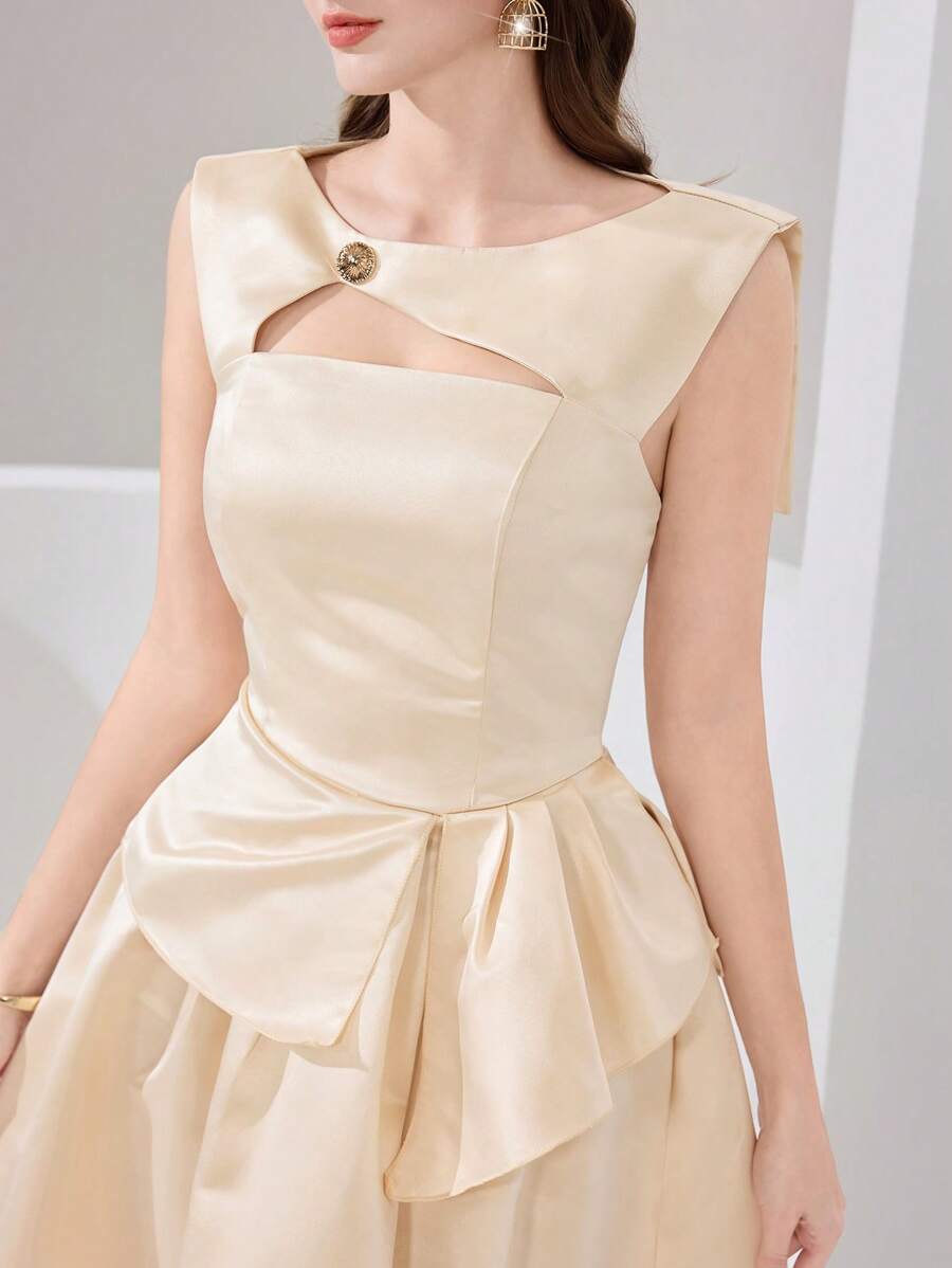 Poshira Women's Elegant Solid Color Round Neck Cutout Ruffle Evening Dress,Heavy-Duty Design Bandage Waist Wedding Ball Gown,Plus Size Formal Birthday Dresses - Champagne - View 1