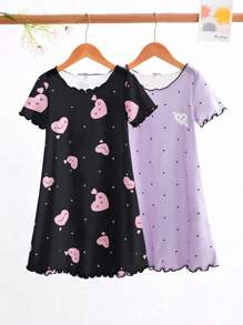 Set de 2 piezas de pijamas con Camisón largo de manga corta y cuello redondo, con diseño cómodo de lunares y corazones, para niñas jóvenes