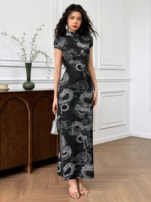 EastFlair Women's Retro Chinese Dragon Print Short Sleeve Slim Fit Elegant Long Dress Dragon Print Dress Qipao Dress Cheongsam Dress Chinese Style Dress Long Elegant Dress - Black - View 1