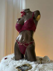 Aloruh Women Lace Patchwork Bra And Panty Sexy Lingerie Set - Burgundy - View 5