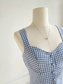 SHEIN Clasi 女士优雅吊带背心，收腰，不对称下摆，正面纽扣装饰上衣和格子松紧腰短裤 2 件套，适合夏季