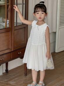 DAZY Vestido de Tule com Laço de Lantejoulas Estilo Coreano para Meninas, Vestido Sem Mangas de Comprimento Médio, Conjunto de Roupas de Verão para Meninas - Branco - Visão 7