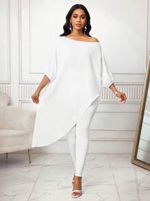 SHEIN Lady 2pcs Women Elegant Solid Asymmetric Shirt & Leggings Set Women Clothing White Outfits Casual Sets For Women