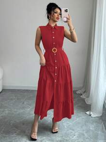 Women's Single-Breasted Sleeveless Shirt Dress With Ruffled Hem In Solid Color - Red - View 4