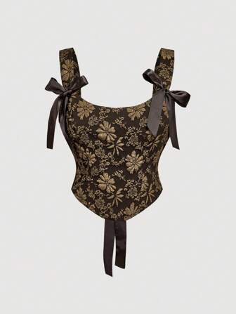 SHEIN MOD Plus Size Women Floral Jacquard Coffee Brown Camisole Tank Top,Valentine Day