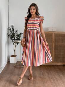 EMERY ROSE Women Summer Stripe Round Neck Cap Sleeve Casual Long Dress - Multicolor - View 8