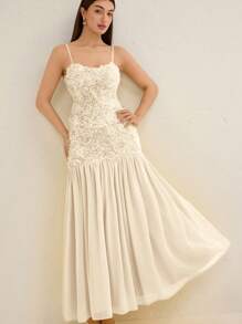 GENKIRA 优雅连衣裙，采用 3D 黄玫瑰纹理面料，修身腰部，拼色雪纺裙，浪漫百搭派对礼服 - 米色 - 查看 5