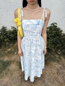 SHEIN 少女休闲宽松碎花中长连衣裙，后背系带，舒适 - 淺藍色 - 查看 3