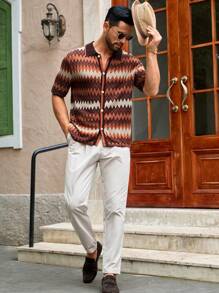 Mainfolk Men's Fashionable Multicolor Jacquard Striped Wave Pattern Fitted Short Sleeve Knitted Cardigan, For Fall Winter - Multicolor - View 5