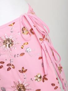Elamini 夏季時尚亮片刺繡開衩蝴蝶結腰裙 - 粉色 - 查看 3