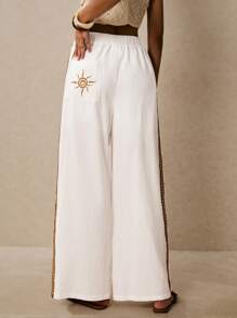 Poéselle Women's Color Block Ribbon Embroidered Sunray Wide Leg Trousers - White - View 1