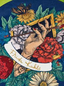 Frida Kahlo X SHEIN 1 pieza Alfombra redonda con estampado floral, con respaldo antideslizante, cómoda y fácil de limpiar, decoración para el dormitorio y la sala de estar, 60/80/100/120cm
