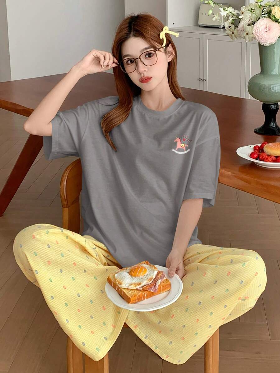 DAZY 可爱木马印花上衣和格子彩色圆点睡裤两件套睡衣套装,返校服 - 灰色 - 查看 1