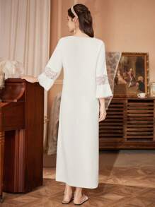 PalaceNights 优雅纯色蕾丝褶皱睡裙，适合秋冬季节穿着。 - 白色 - 查看 2