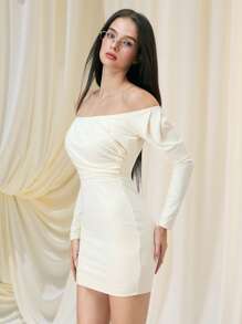 SHEIN MOD Vestido ceñido con hombros descubiertos, mangas abullonadas y fruncido en color albaricoque para mujer - Albaricoque - Ver 4