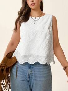 SHEIN LUNE 大码女式休闲刺绣圆领无袖短款上衣，适合度假穿着