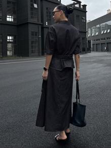 DAZY Bộ đồ denim mùa hè thường ngày 2 món, áo sơ mi tay ngắn dây rút rộng rãi màu trơn phong cách phương Tây dành cho nữ kèm chân váy chữ A cạp chun co giãn - Màu xanh lam - Xem 2