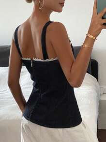 Livesso Women's Summer Lace Patchwork Decor Spaghetti Strap Cami Crop Top - Blue - View 2