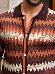 Mainfolk Men's Fashionable Multicolor Jacquard Striped Wave Pattern Fitted Short Sleeve Knitted Cardigan, For Fall Winter - Multicolor - View 6