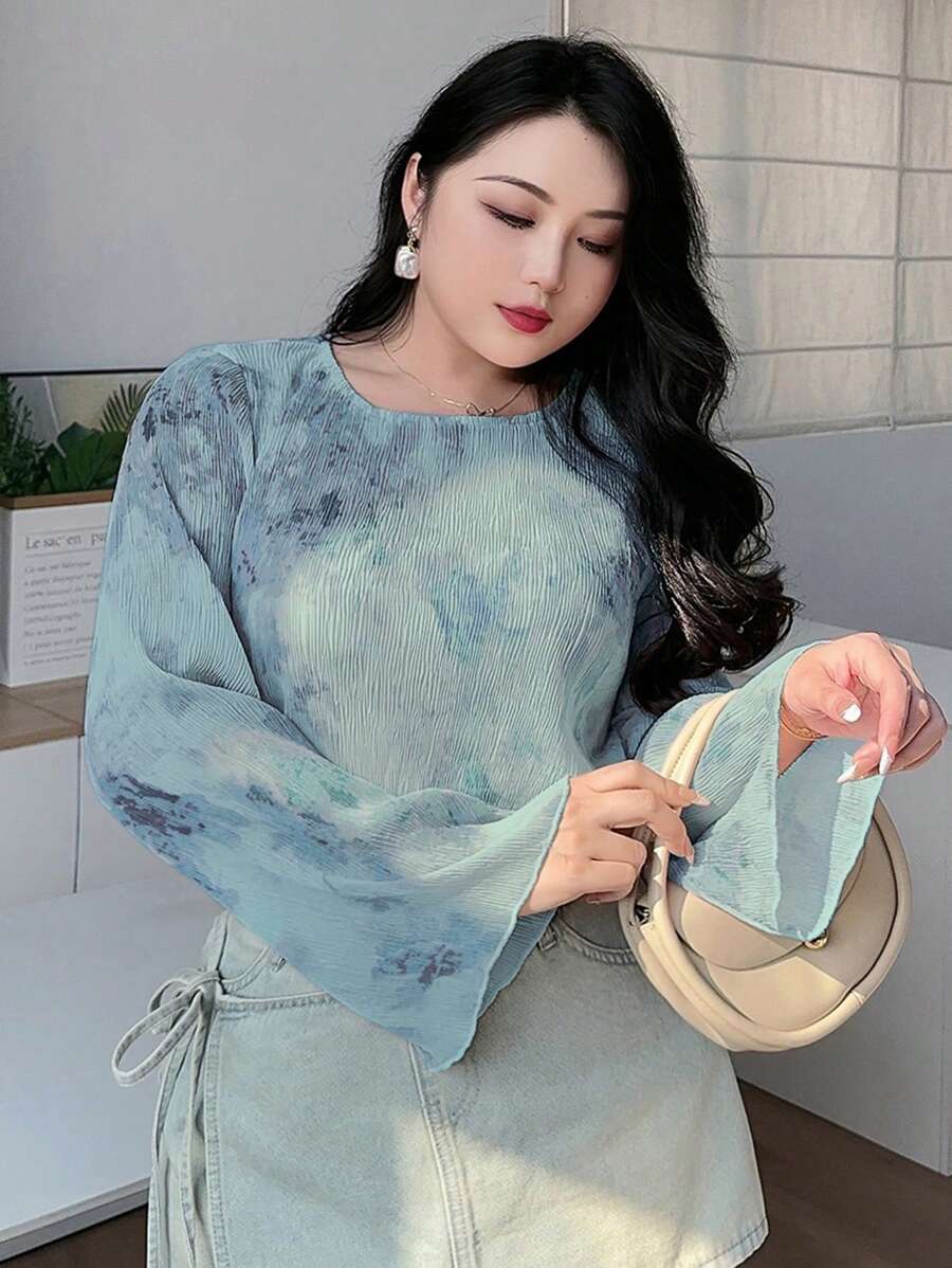 Dazy Plus 加大码圆领花卉印花雪纺泡泡袖优雅衬衫，适合春夏秋季，秋季女装长袖上衣 - 藍色 - 查看 1