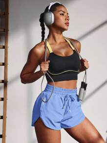 Powerista Shorts casuales de deporte para mujer con estampado de letras y cordón en la cintura, shorts de entrenamiento - Púrpura malva - Ver 4