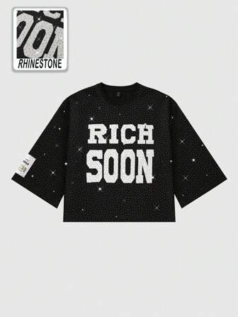 Street Life T-shirt à manches 3/4 avec lettre graphique et strass pour hommes, automne