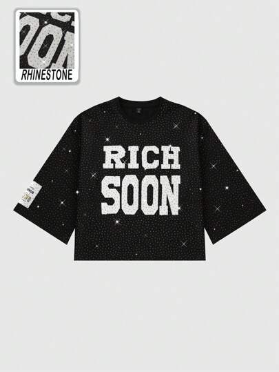 Street Life T-shirt à manches 3/4 avec lettre graphique et strass pour hommes, automne