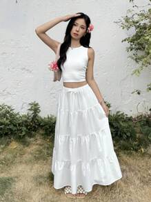 SHEIN Teen Girls Casual Comfy Round Neck Tank Top & Cake Skirt 2Pcs Outfit Set