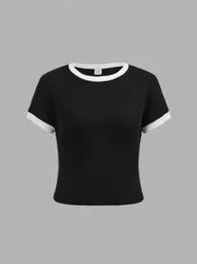 SHEIN Girlism 2 件青少年女孩春夏针织条纹黑白撞色休闲修身基本款 T 恤和撞色腰部宽松口袋裤套装，女孩休闲运动街头服饰，学校运动，返校，足球运动，户外舒适套装 - 黑與白 - 查看 3