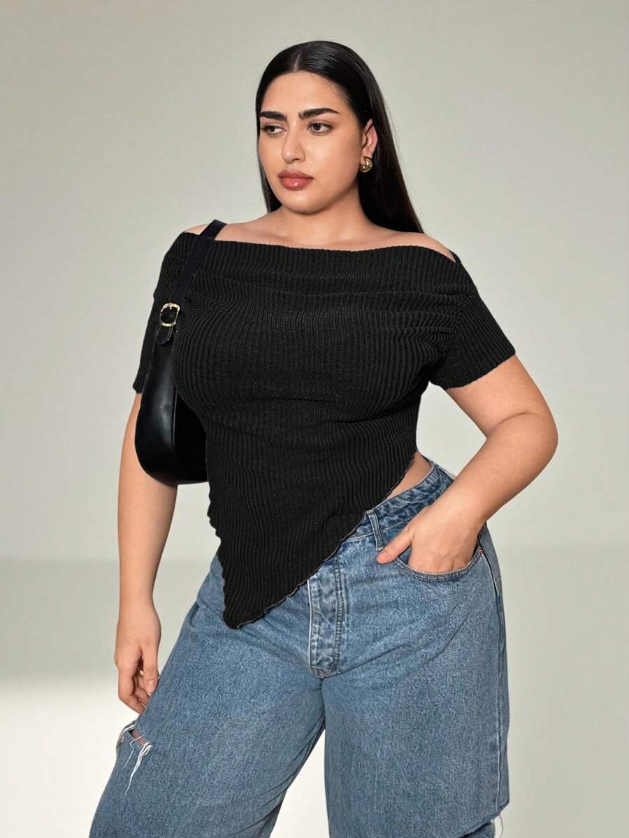 Auralis Camiseta de manga corta informal y de moda con hombros descubiertos para primavera/verano para tallas grandes