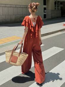 FRIFUL 女士橙色连体裤，V领系带，夏季度假连体裤 - 橘色 - 查看 6