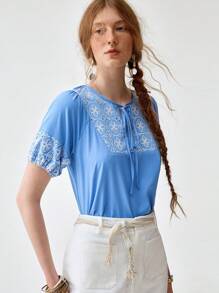 Florisole Boho Patchwork Women's Vacation Shirt - Blue - View 7