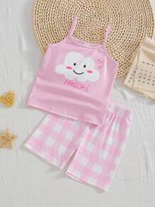 2pcs Young Girl Casual Cloud Print Camisole Top And Shorts Set, Pink Comfortable And Fashionable Homewear
