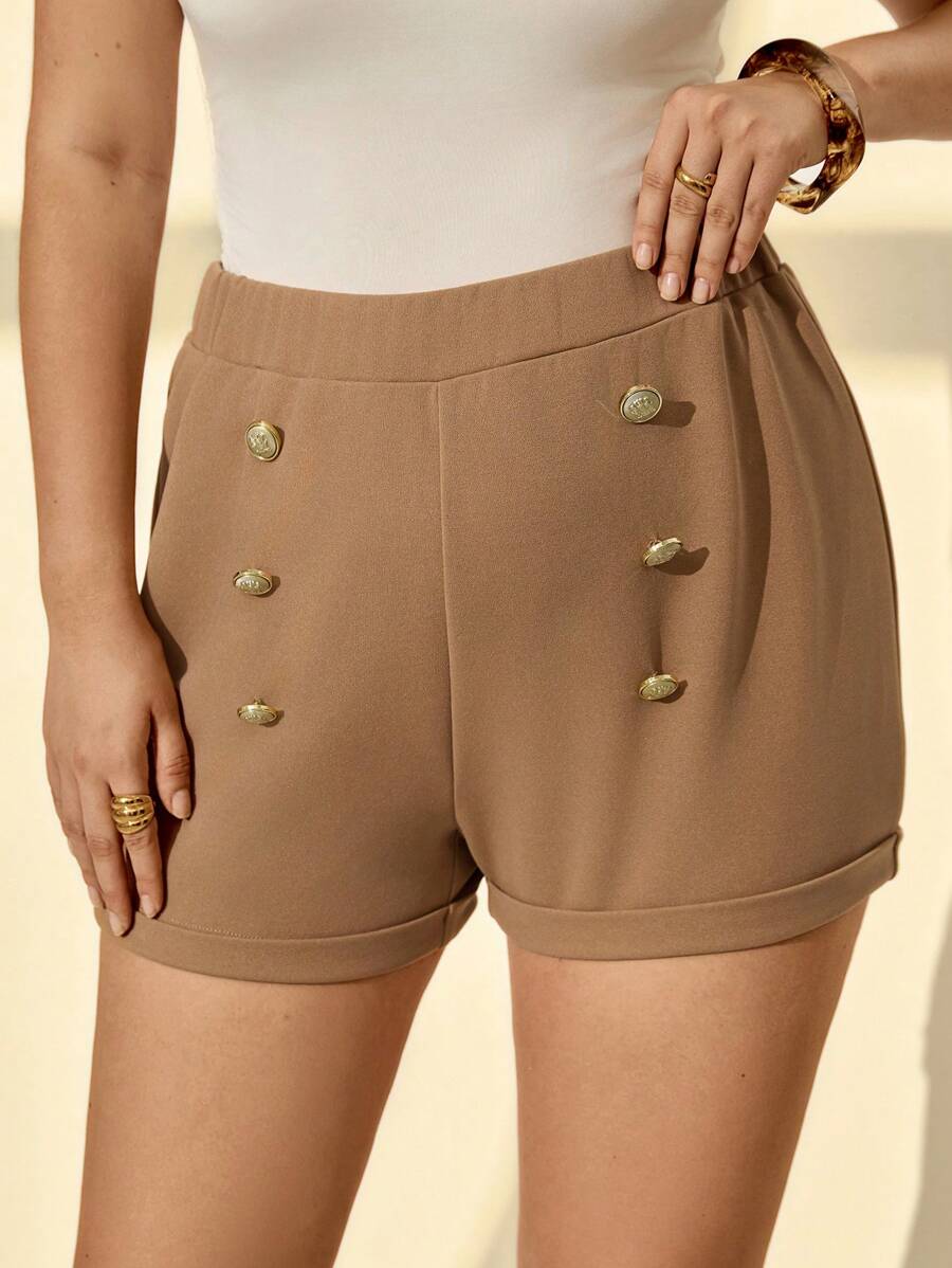 Auralis Plus Size Women Elegant Khaki High Waist Shorts,Summer Everyday Casual Comfortable Metal Buckle Slim Curve Shorts,Office Wear Business Party Bottom - Khaki - View 1