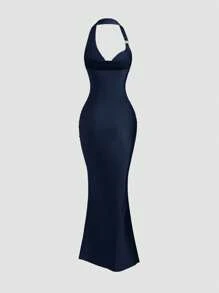 Sweetra 性感低胸纯色修身复古高端优雅长裙，棕色