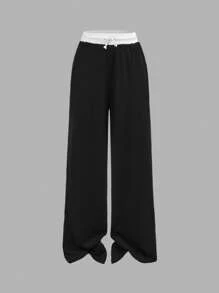 SHEIN Girlism 2 件青少年女孩春夏针织条纹黑白撞色休闲修身基本款 T 恤和撞色腰部宽松口袋裤套装，女孩休闲运动街头服饰，学校运动，返校，足球运动，户外舒适套装 - 黑與白 - 查看 5