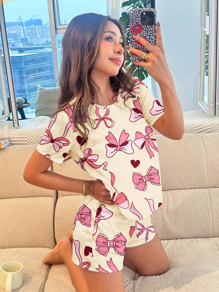 Tween Girls Casual Minimalist Round Neck Short Sleeve Shorts Pajama Set, Suitable For Summer - Multicolor - View 1